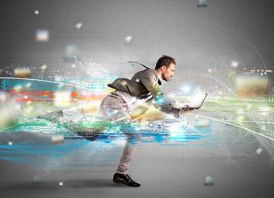 Concept of fast internet with running businessman with a laptop