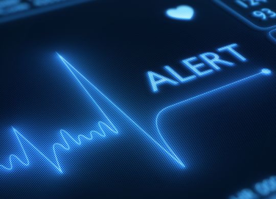 Flat line alert on a heart monitor - 3d render on detail pixellated screen